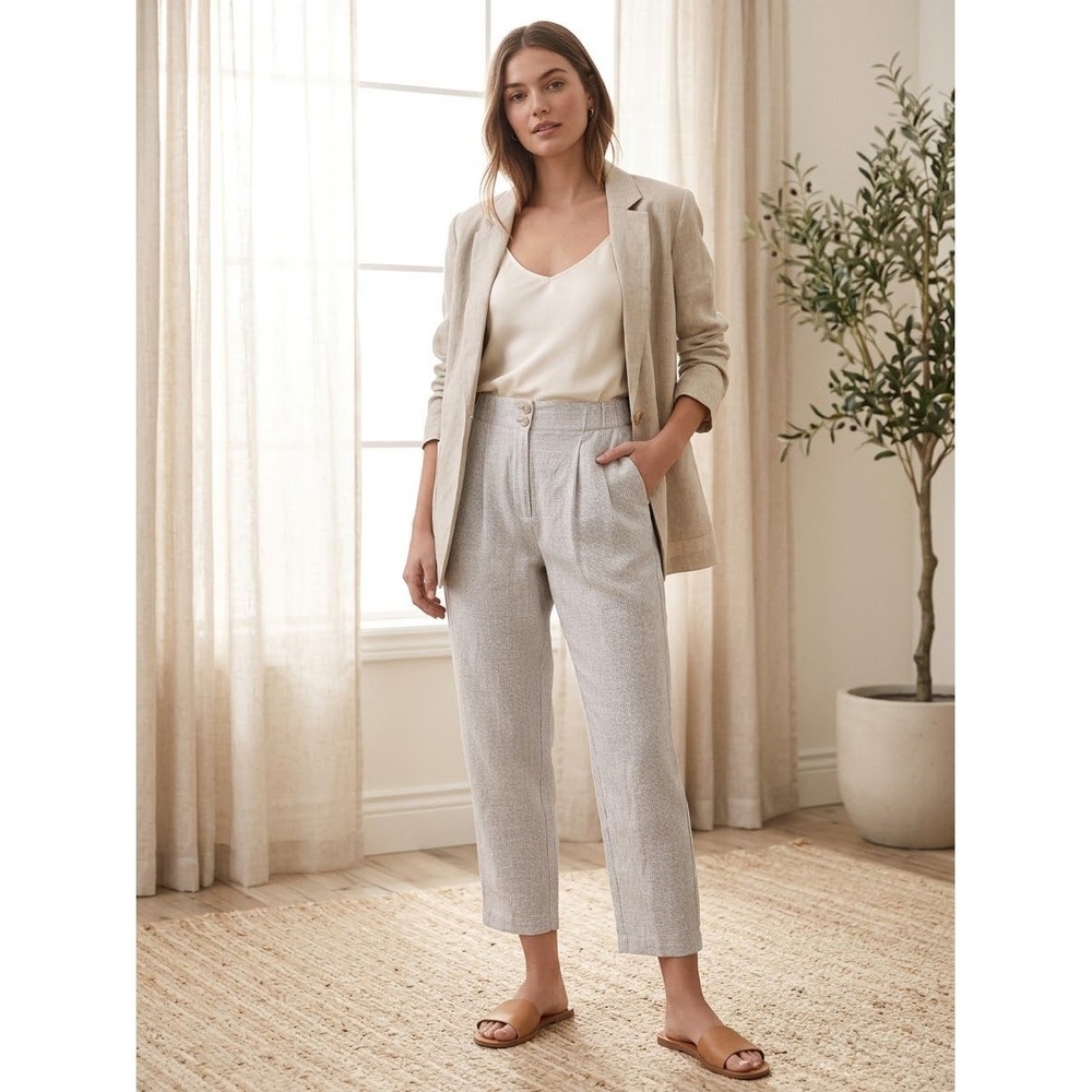 Poetry Linen Trousers Grey White Micro Check Pleated Pants US 6 UK 10